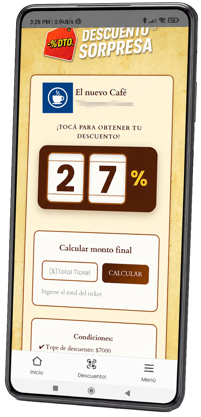 App Descuento Sorpresa - pantalla del slot machine con descuento