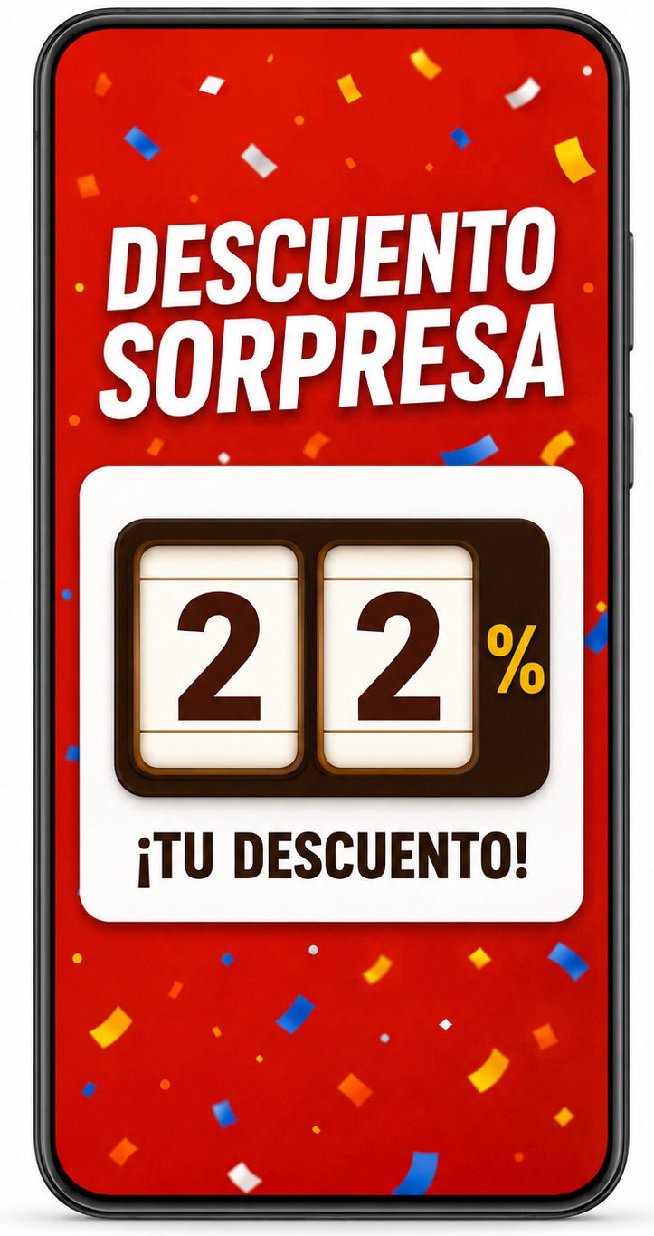 App Descuento Sorpresa mostrando un resultado del 22% en el slot machine