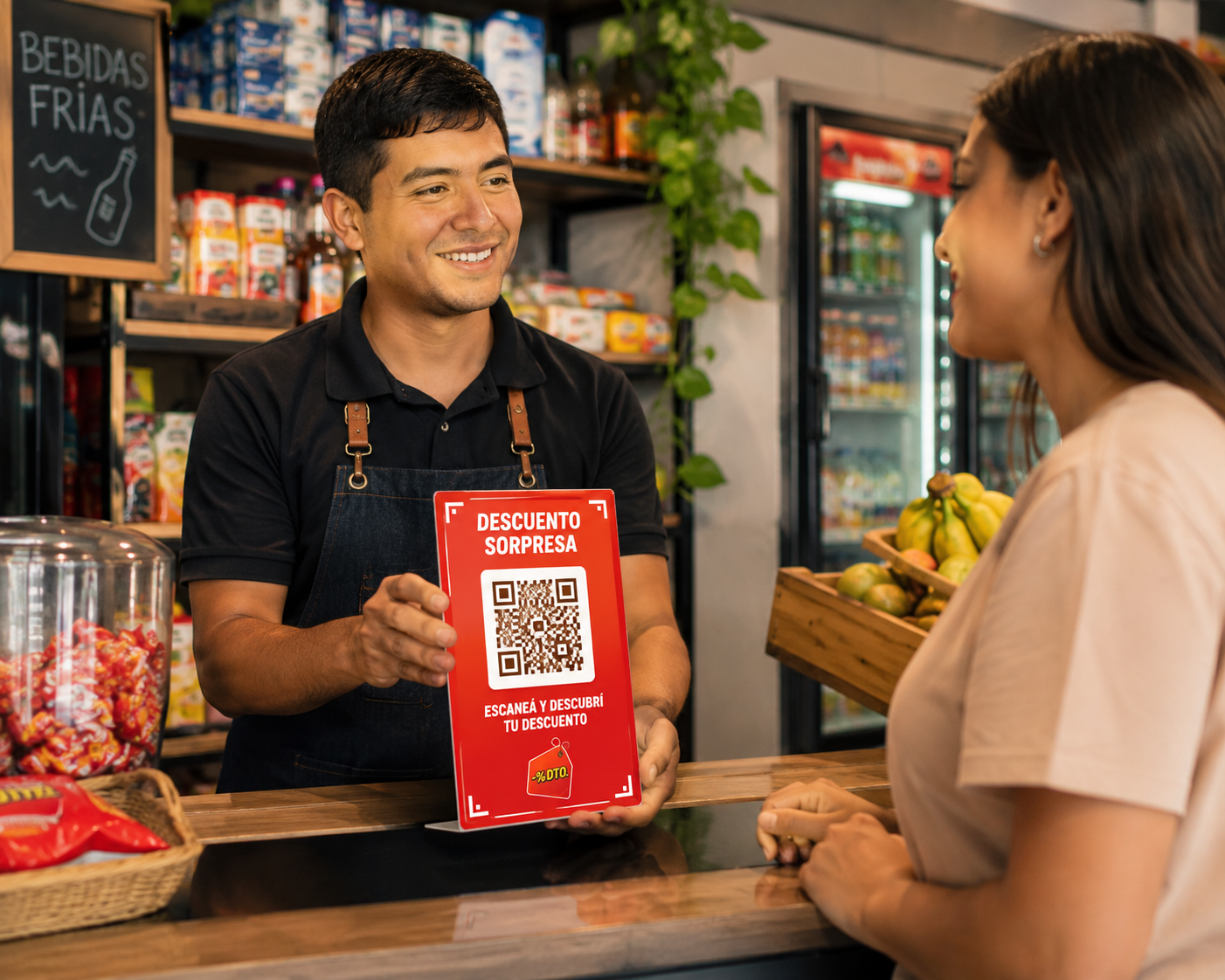 Comerciante mostrando el QR de Descuento Sorpresa a un cliente